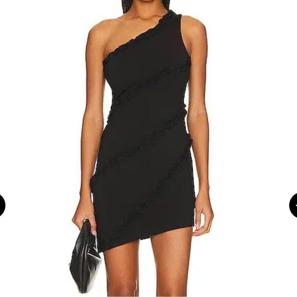 NWT MORE TO COME Camila One Shoulder Dress black mini ruffle trim Revolve M - Picture 1 of 12